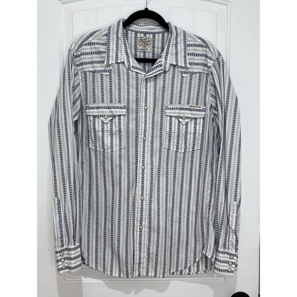 LUCKY BRAND Western White Blue Pearl Snap Sz M Cotton Native Striped Americana - Picture 1 of 7